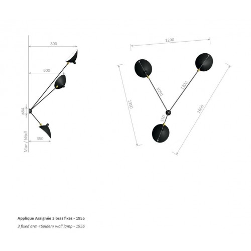 mi_d-Century Modern 블랙 스파이더 천장등/실링 조명 with 3 고정형 암스 by 세르주 무이 19992